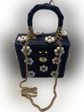 Navy Floral Beaded Box Crossbody Bag - Gold Hardware, NWOT wicker